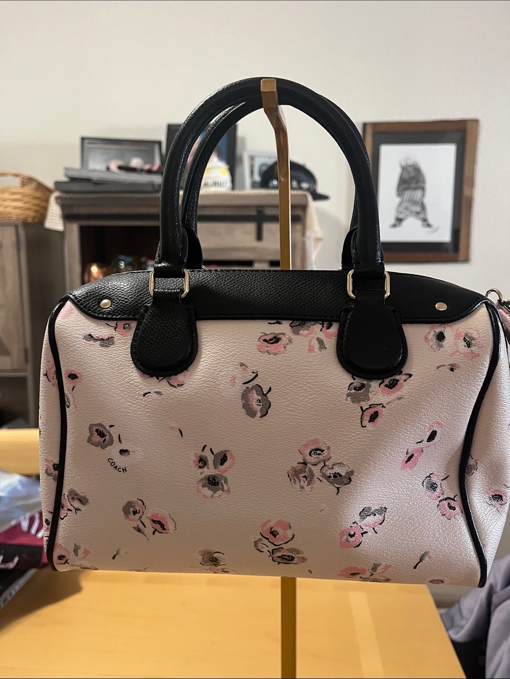Coach Pink Floral Leather Tote with Black Trim - Picture 2 of 9